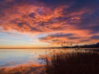 Morgenleuchten am Chiemsee mit Schilfgürtel